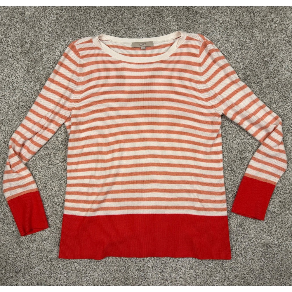 Ann Taylor LOFT Striped Sweater Womens XL Coral Orange Cream Crew Neck Knit Top